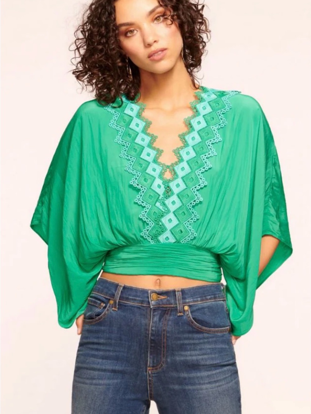 Women’s Emerald Green Embroidered V-Neck Blouse